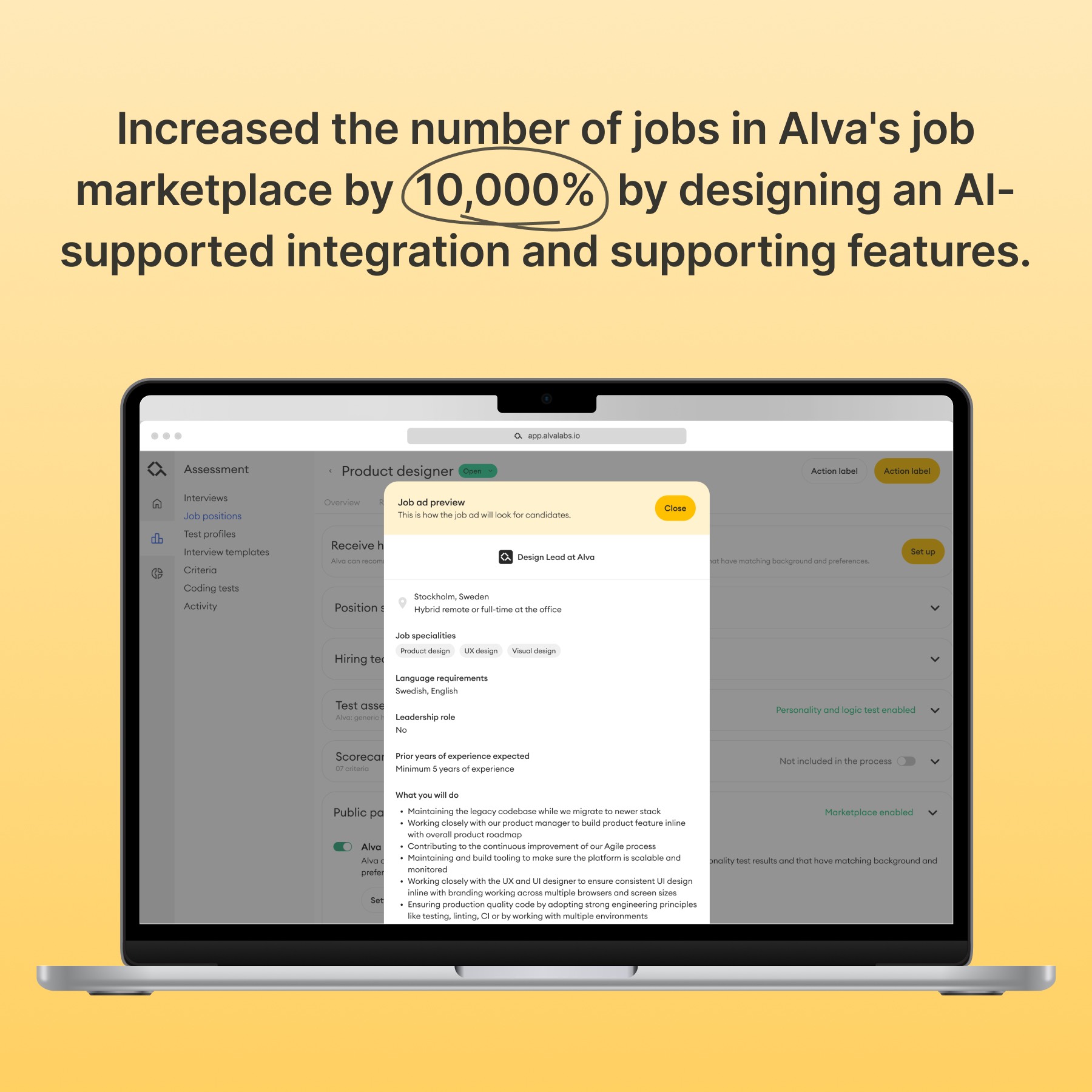 Screenshot of the job ad preview modal in the Alva Labs web app with the title Increased the number of jobs in Alva's job marketplace by  10,000%  by designing an AI-suppoerted integration and supporting features.