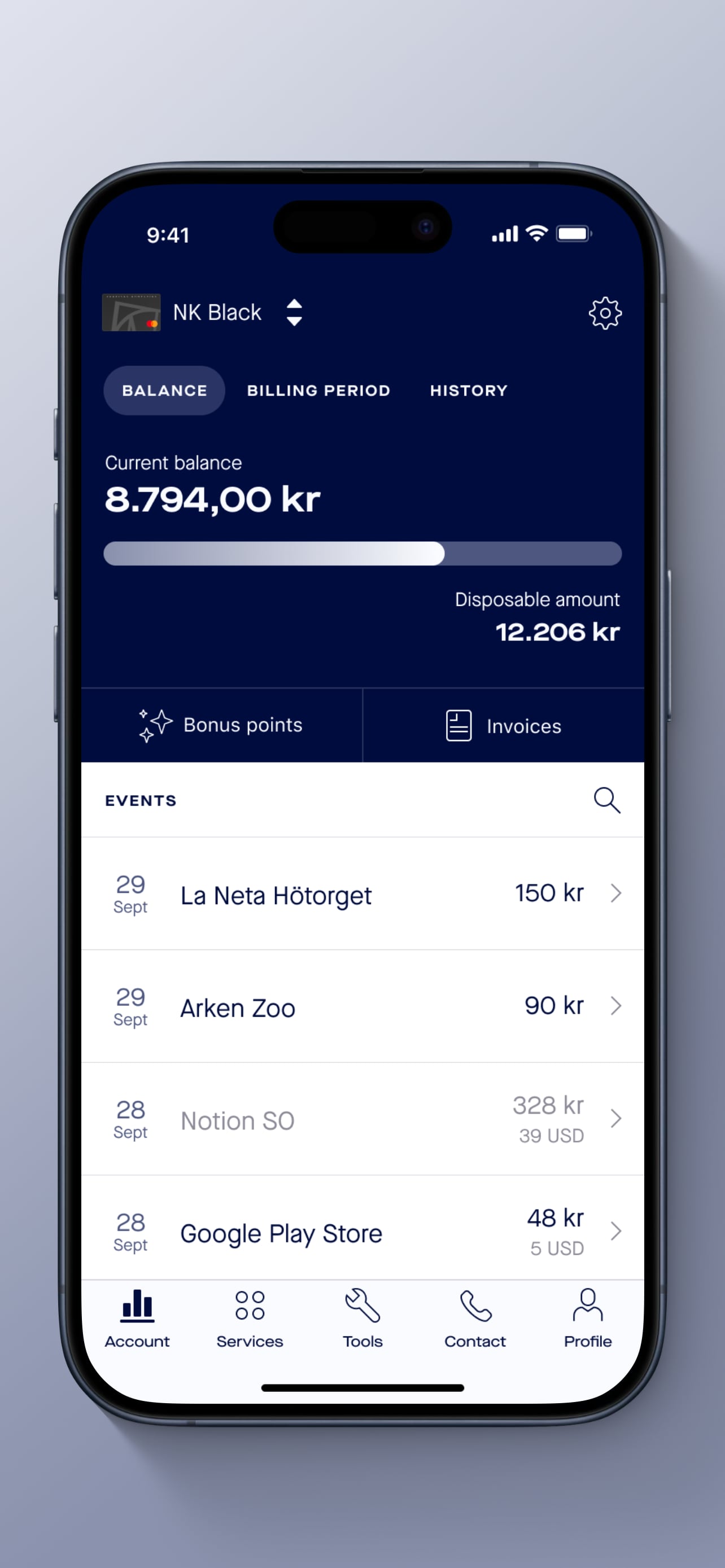 Screenshot of the home screen of the Spendwise iOS app