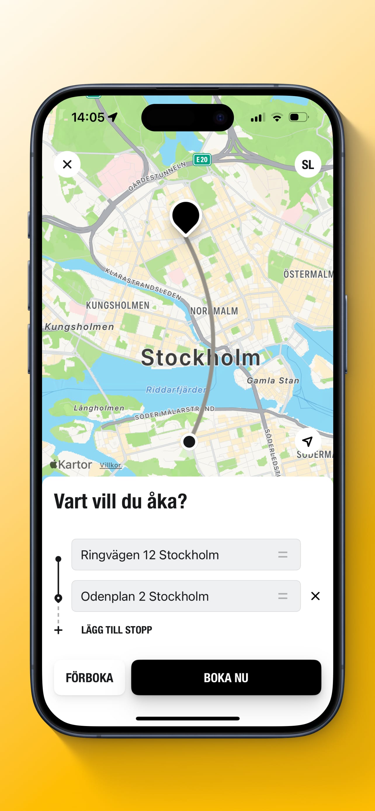 Screenshot of the booking screen of the Taxi Stockholm app